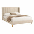 Polsterbett Doppelbett Bettgestell mit gepolstertem Kopfteil Stoff Beige Holzbeine Naturfarben
