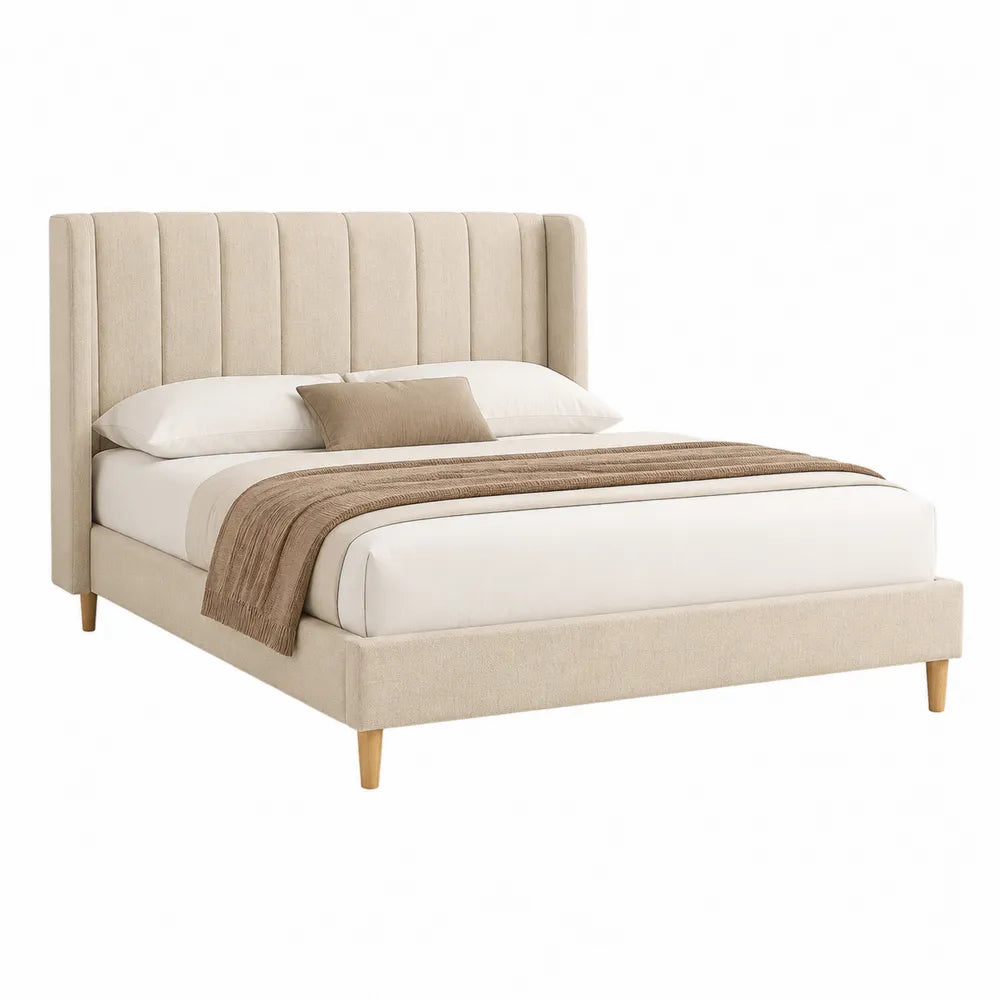Polsterbett Doppelbett Bettgestell mit gepolstertem Kopfteil Stoff Beige Holzbeine Naturfarben