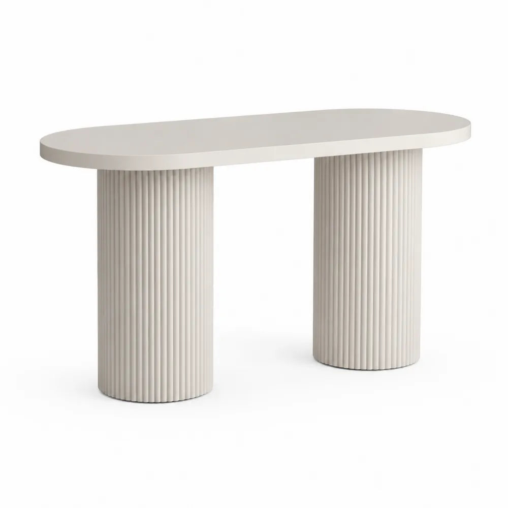 Esstisch oval MDF Holzwerkstoff PU Lack Cremeweiß zwei Säulenfuß geriffelt 160 x 80 x 75 cm