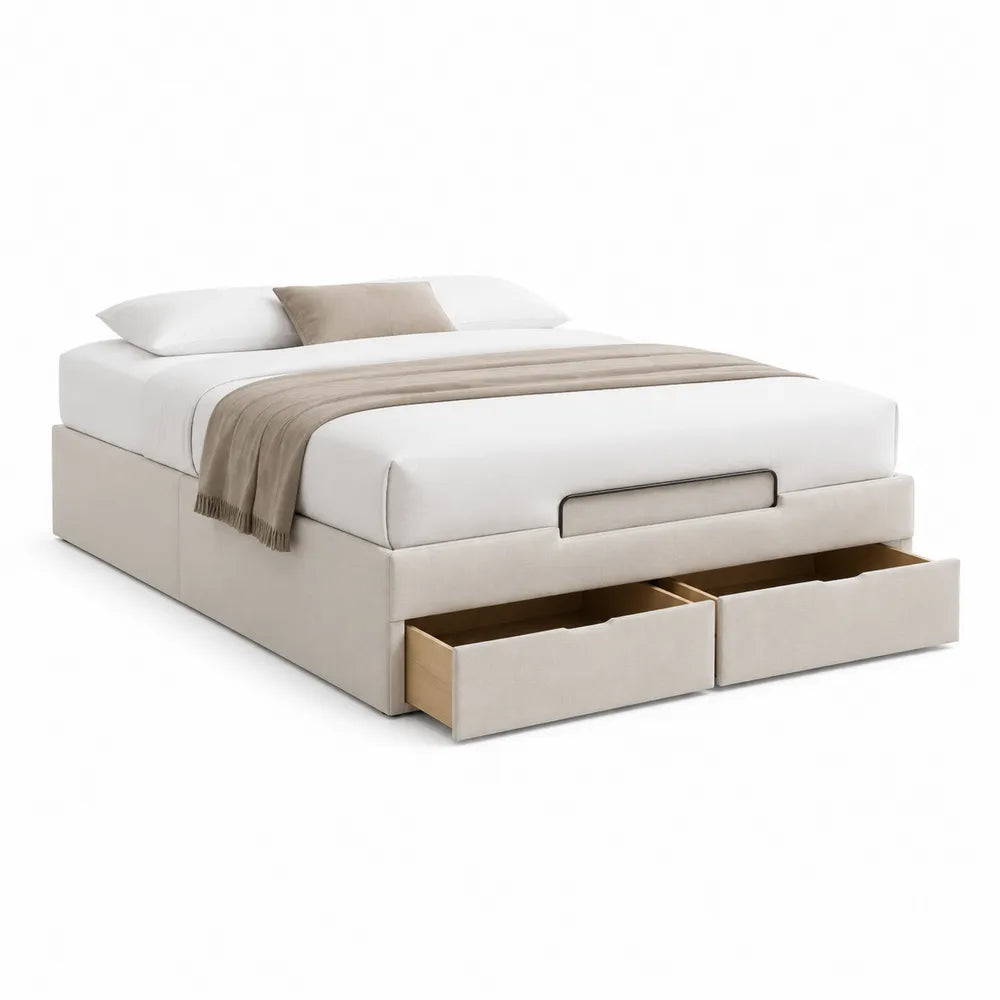 Stauraumbett 160 cm x 200 cm Polsterbett mit 2 Schubladen MDF Holzwerkstoff Beige Creme Bettgestell ohne Kopfteilregal