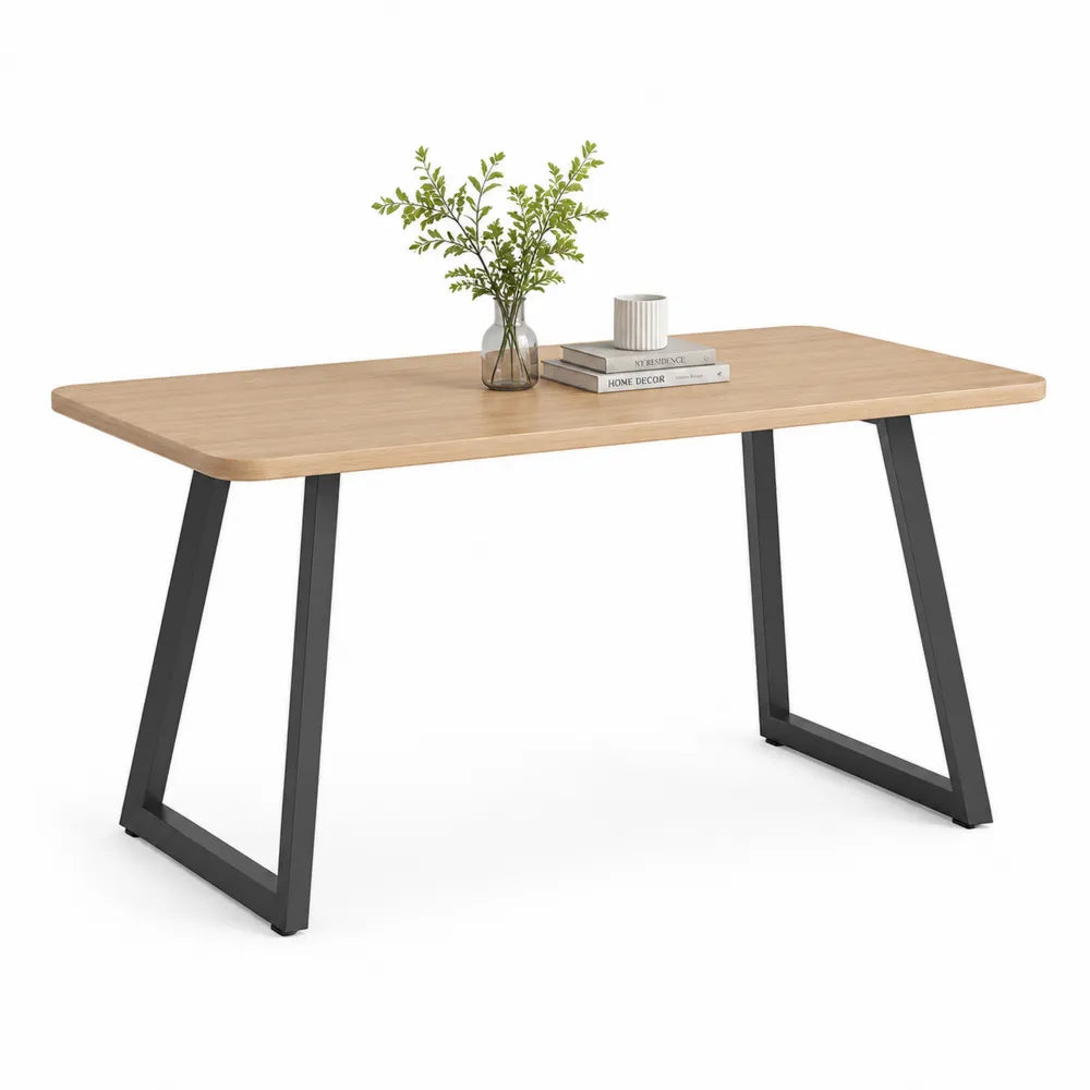 Esstisch für 6 Personen rechteckig abgerundete Ecken MDF Tischplatte Eichenfurnier Stahlgestell Natur Schwarz 180 cm x 90 cm x 75 cm