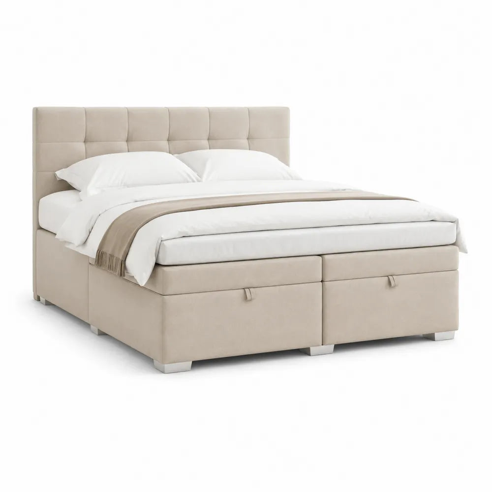 Polsterbett Doppelbett 180 x 200 cm Beige Polyester Mikrofaser mit Stauraumschubladen rechteckig gepolstert mit Kopfteil