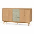 Sideboard mit 2 Türen und 3 Schubladen Holzwerkstoff MDF Naturholz Sagegrün Goldgriffe 160 x 40 x 80 cm
