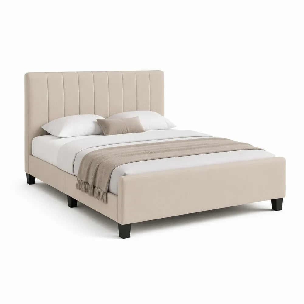 Polsterbett Doppelbett 180 x 200 cm Bettgestell Beige vertikal gesteppt Kopfteil Stoff mit schwarzen Füßen