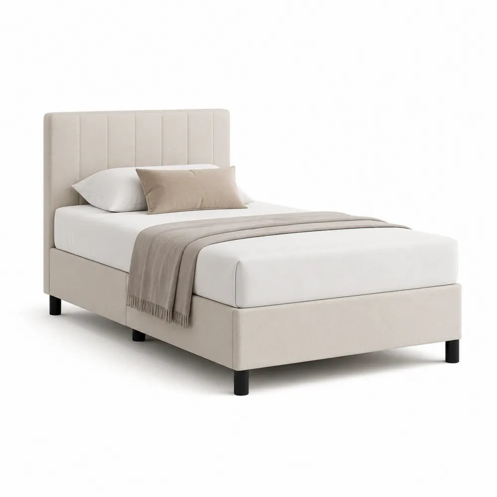 Polsterbett Einzelbett 90 x 200 cm Bettgestell Beige vertikal gesteppt Kopfteil Stoff schwarze Rundfüße