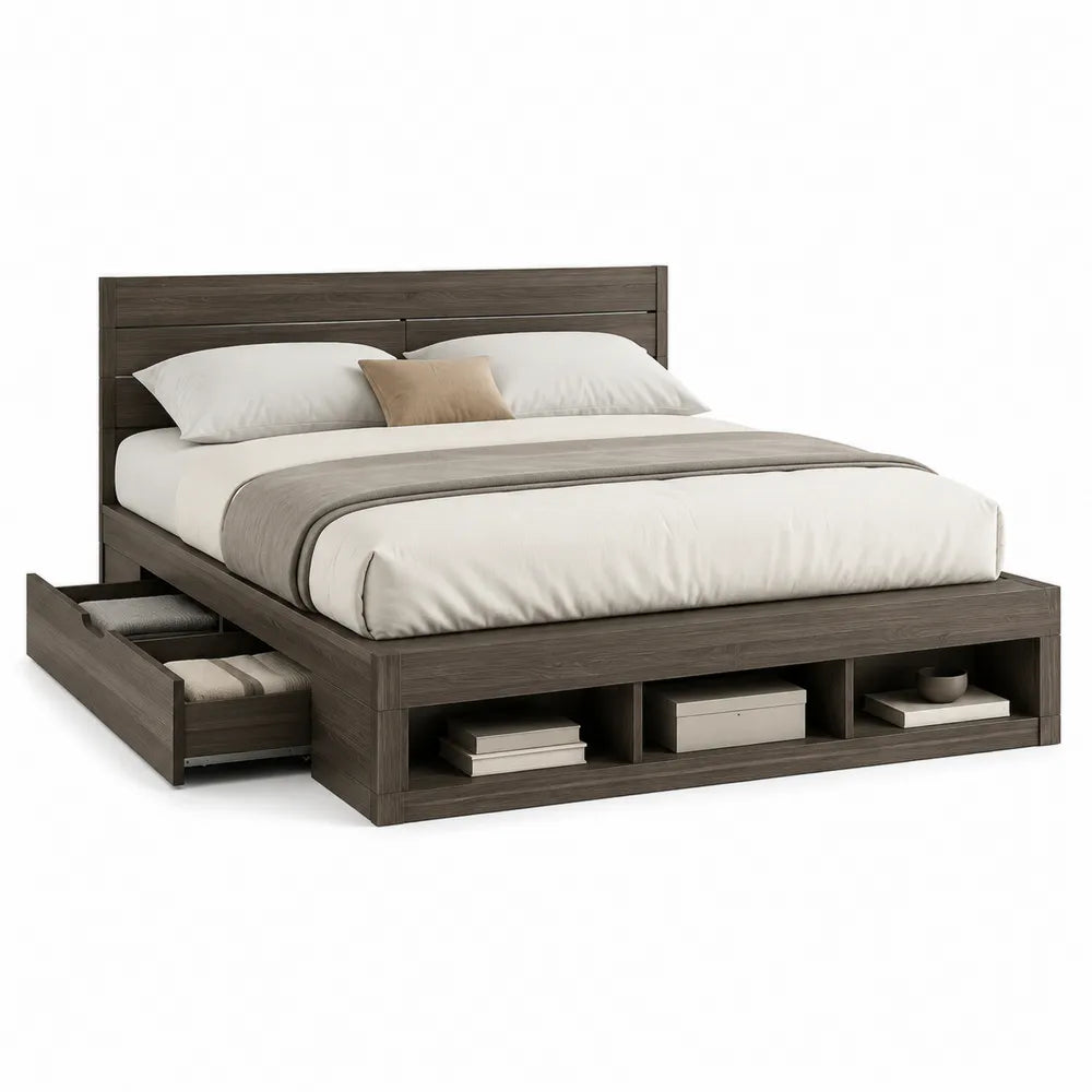 Stauraumbett Doppelbett 160 x 200 cm Braun Holzwerkstoff mit Schubladen und offenen Regalfächern Bettgestell rechteckig