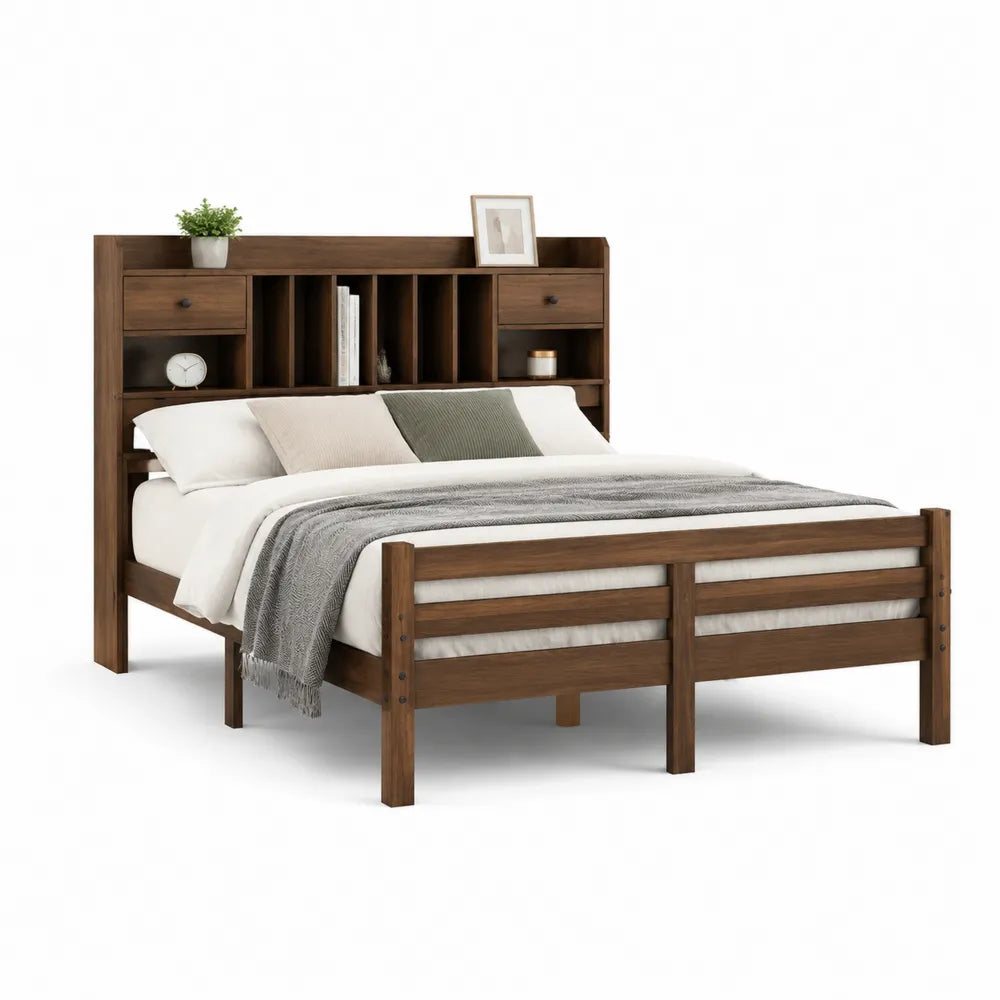 Stauraumbett 160 cm x 200 cm Bettgestell mit Kopfteilregal und 2 Schubladen MDF Holzwerkstoff Walnussoptik Braun