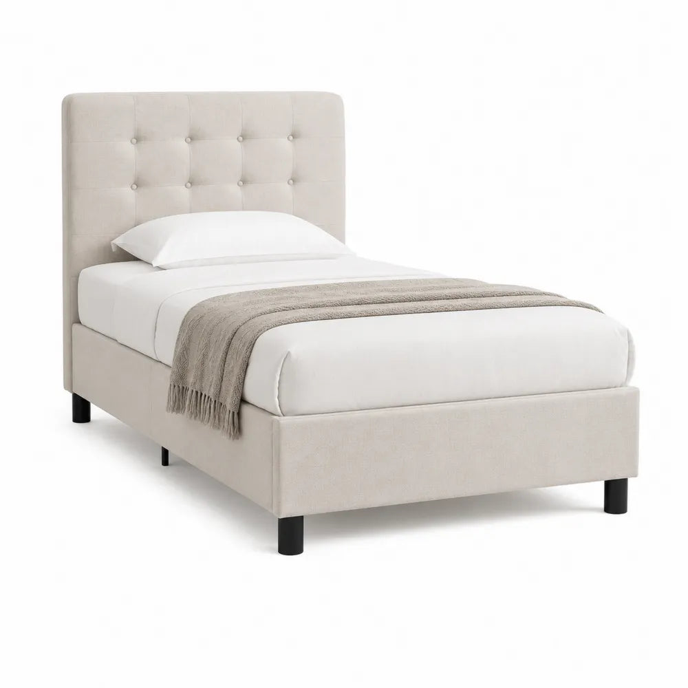 Polsterbett Einzelbett 90 x 200 cm Beige Stoff mit Knopfsteppung rechteckiges Kopfteil schwarzes Bettgestell ohne Stauraum