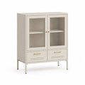 Sideboard mit Glastüren und Schubladen MDF Holzwerkstoff Rillenglas Cremeweiß Metallgestell Gold 80 cm x 35 cm x 120 cm