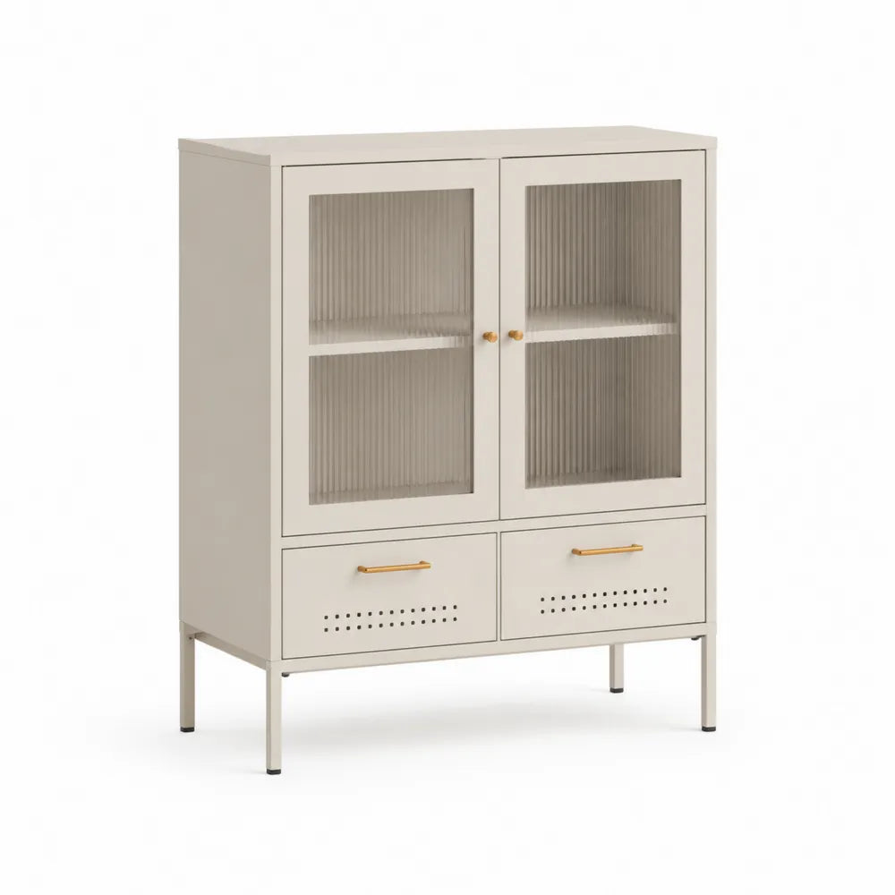 Sideboard mit Glastüren und Schubladen MDF Holzwerkstoff Rillenglas Cremeweiß Metallgestell Gold 80 cm x 35 cm x 120 cm