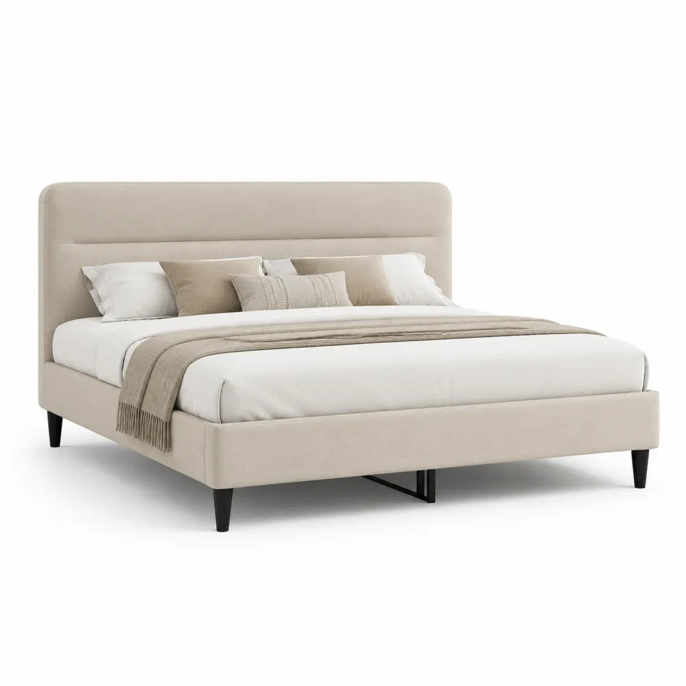 Polsterbett Doppelbett 180 x 200 cm Beige Stoff mit Kopfteil rechteckig Holzrahmen mit Metallbeinen Bettgestell