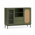 Sideboard mit Türen und Schubladen MDF Holzwerkstoff Rillenglas Rattan Front Olivgrün Metallgestell Schwarz 120 cm x 40 cm x 85 cm