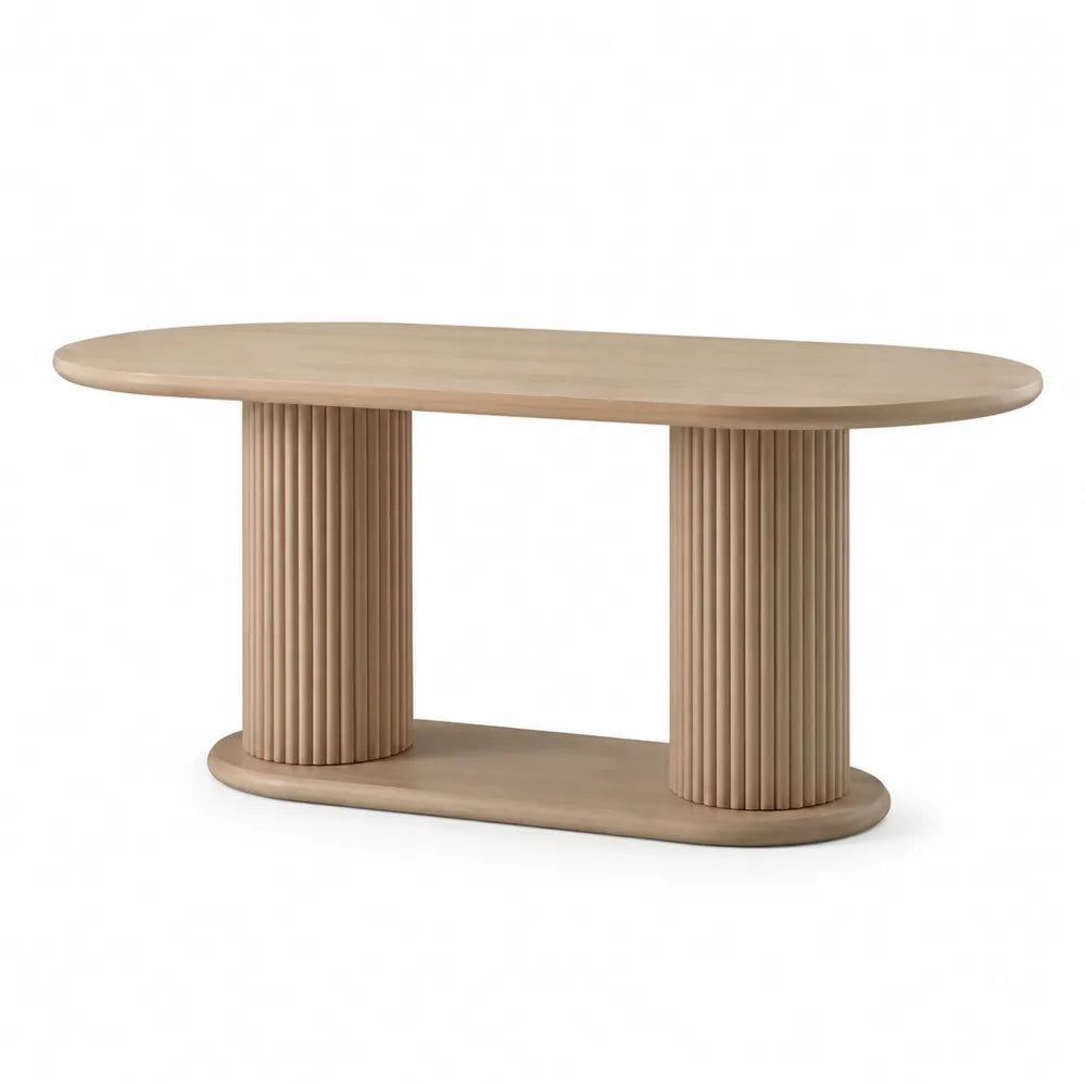 Esstisch oval 200 x 100 x 76 cm Holzwerkstoff MDF Eichenfurnier gerillte Säulen Naturholz Hellbraun