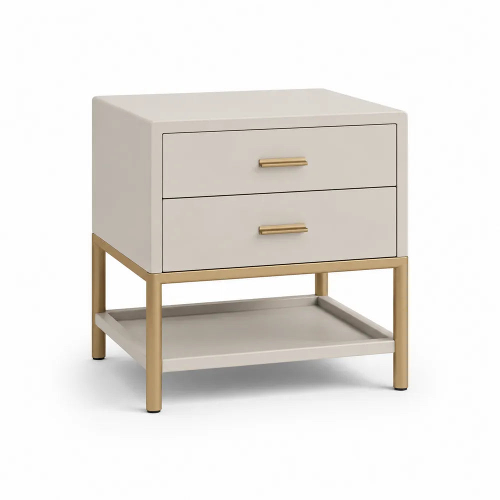 Nachttisch 50 x 40 x 55 cm 2 Schubladen mit Ablagefach Cremebeige Gold Metallrahmen rechteckig