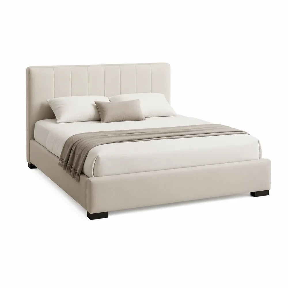 Polsterbett Doppelbett 160 x 200 cm Beige Stoff mit vertikal gesteppter Kopfteilstruktur rechteckig Bettgestell ohne Stauraum