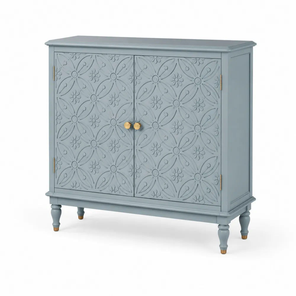 Sideboard mit 2 Türen Relief Blütenmuster MDF Holzwerkstoff Blaugrau Gold 120 cm 40 cm 90 cm