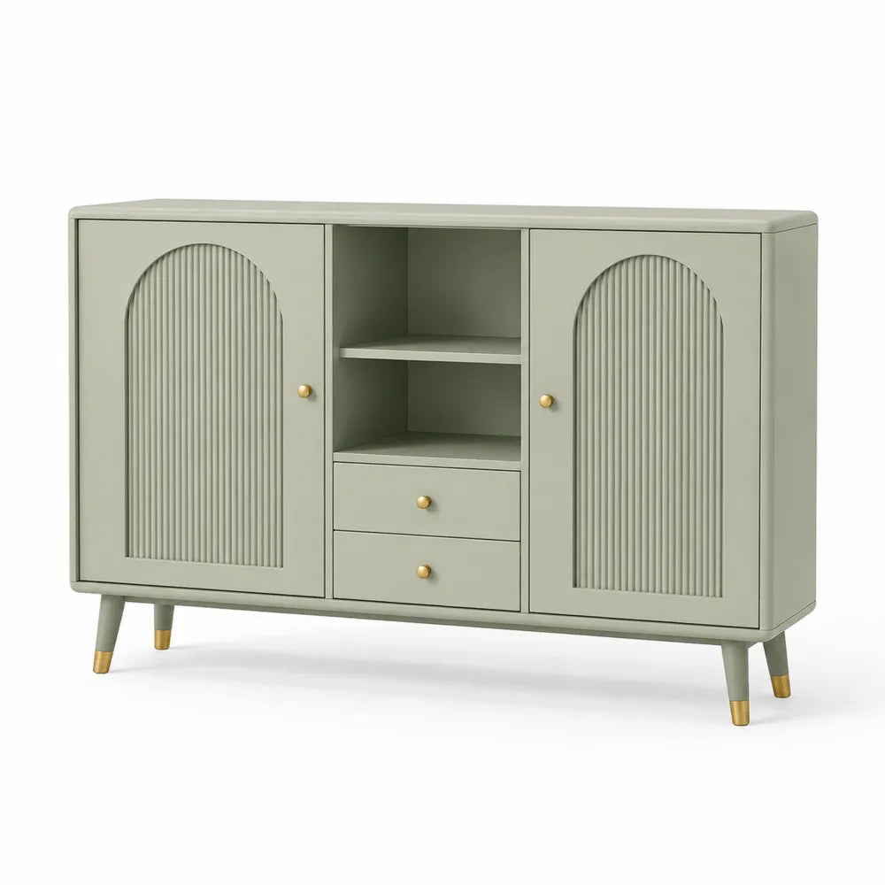 Sideboard mit 2 Türen 2 Schubladen offenen Fächern MDF Holzwerkstoff Salbeigrün Gold 120 cm 40 cm 80 cm